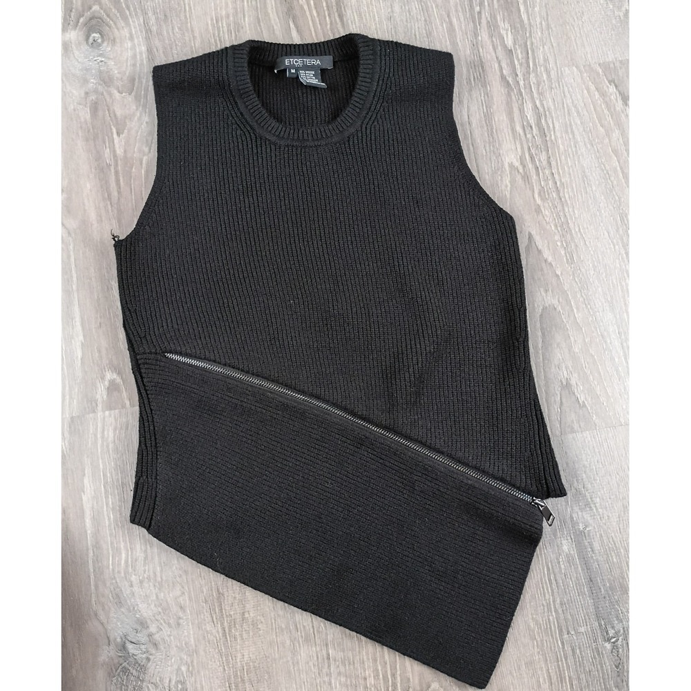 Etcetera Asymmetrical Knit Top‎ M Black Sleeveless Sweater Ribbed Zipper